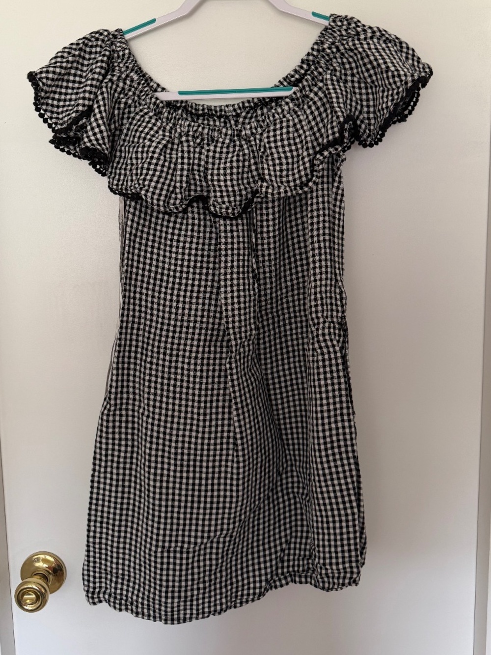 Black and white gingham off the shoulder dress